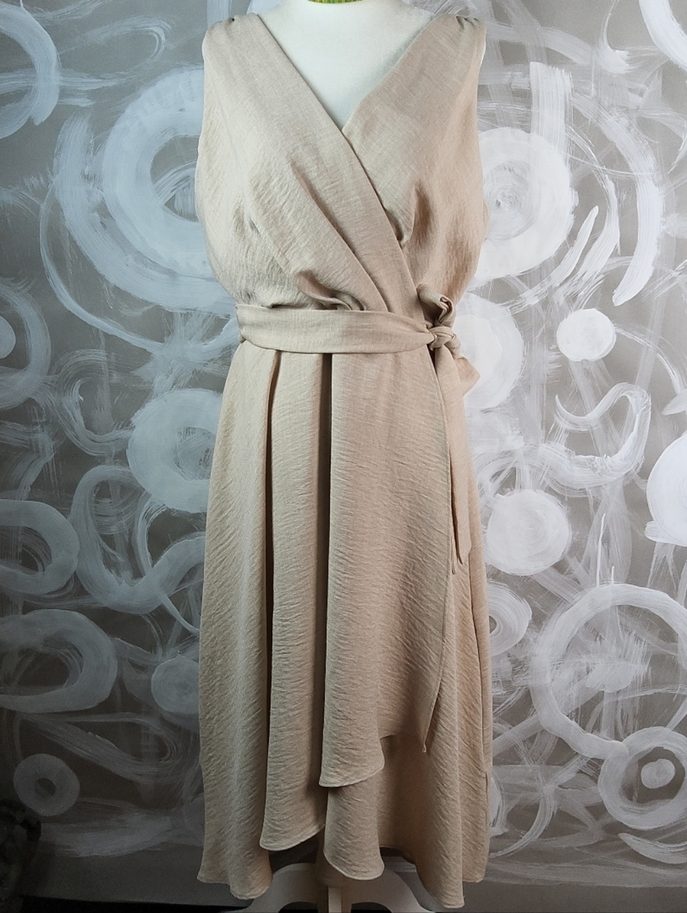 DKNY Wmns 10 Beige Cream Tan Faux Wrap Dress Lightweight Fit Flare ClassicCore